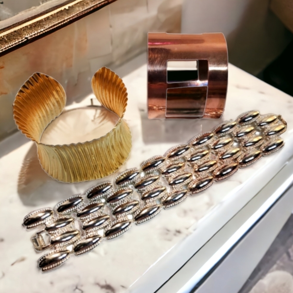 BUNDLE BRACELET CUFF SET GOLD COPPER & SILVER TONE JEWLERY